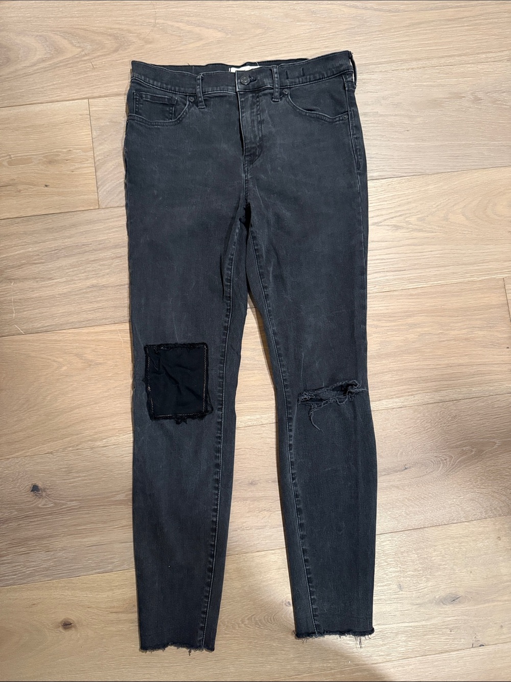 Madewell High Rise Black Skinny Jeans with Patch & Knee Rip